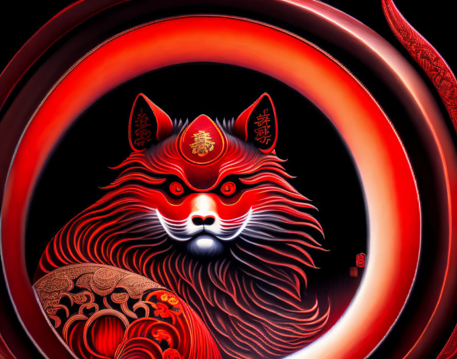 Detailed Stylized Red and Black Fox Illustration with Asian Motifs