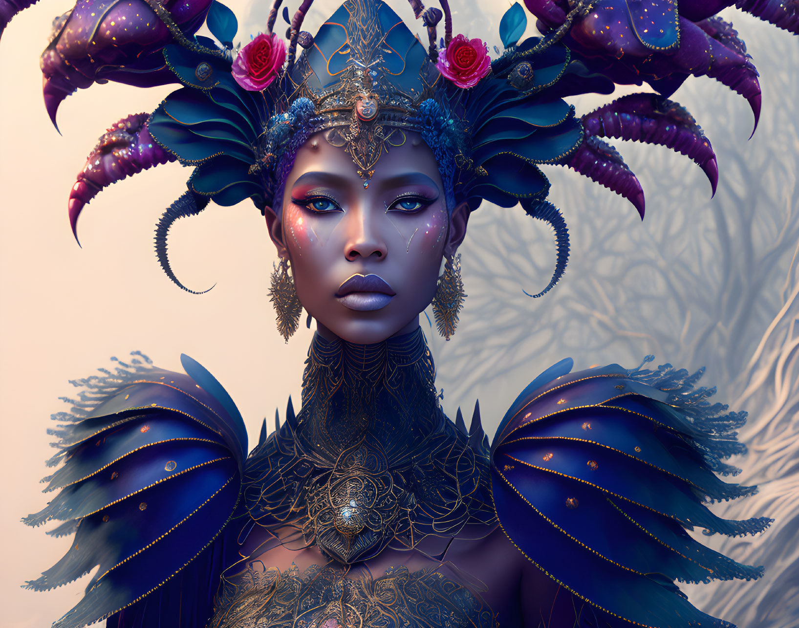 Elaborate Dark Blue and Purple Headdress Fantasy Portrait