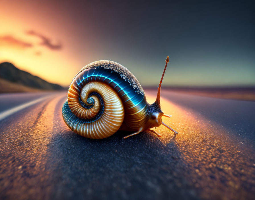 Colorful spiraled shell snail on smooth road under warm sunset sky