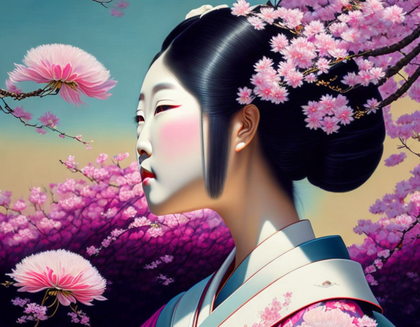 Digital artwork: Woman in Japanese dress with stylized makeup and pink blossoming trees.