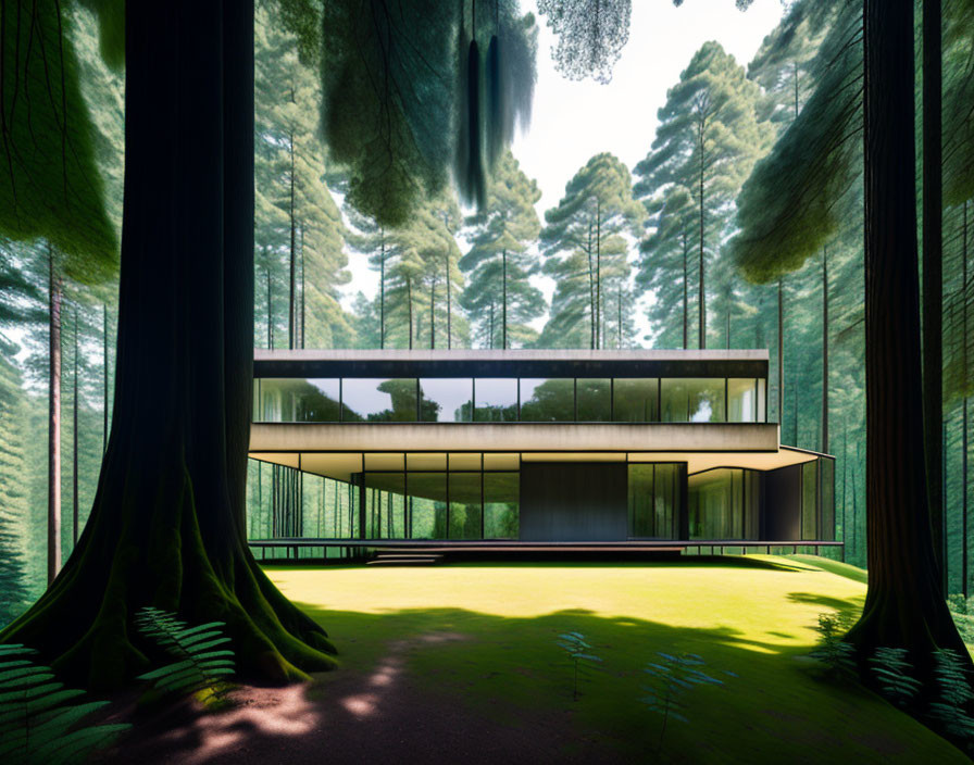 Sleek glass house in lush forest with tall trees