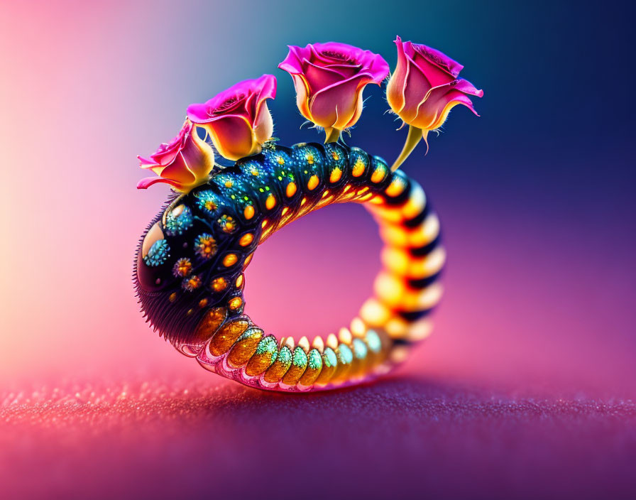 Colorful Caterpillar Loop with Pink Roses on Blue Pink Gradient Background