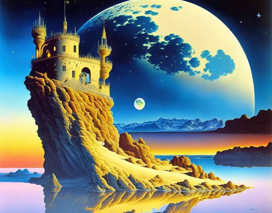 Majestic castle on cliff with moonlit sunset reflection