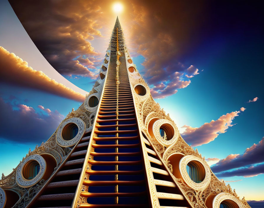 Surreal image of infinitely long staircase with ornate arches and curved shadow line