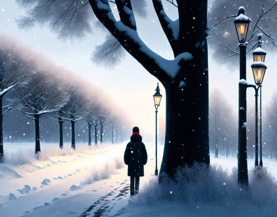 Snowy Path with Trees and Street Lamps Under Twilight Sky