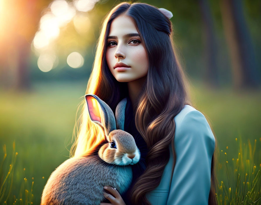 Young woman with wavy hair holding rabbit in sunlit field