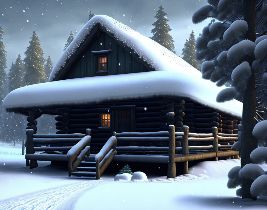 Snow-covered log cabin in pine tree landscape