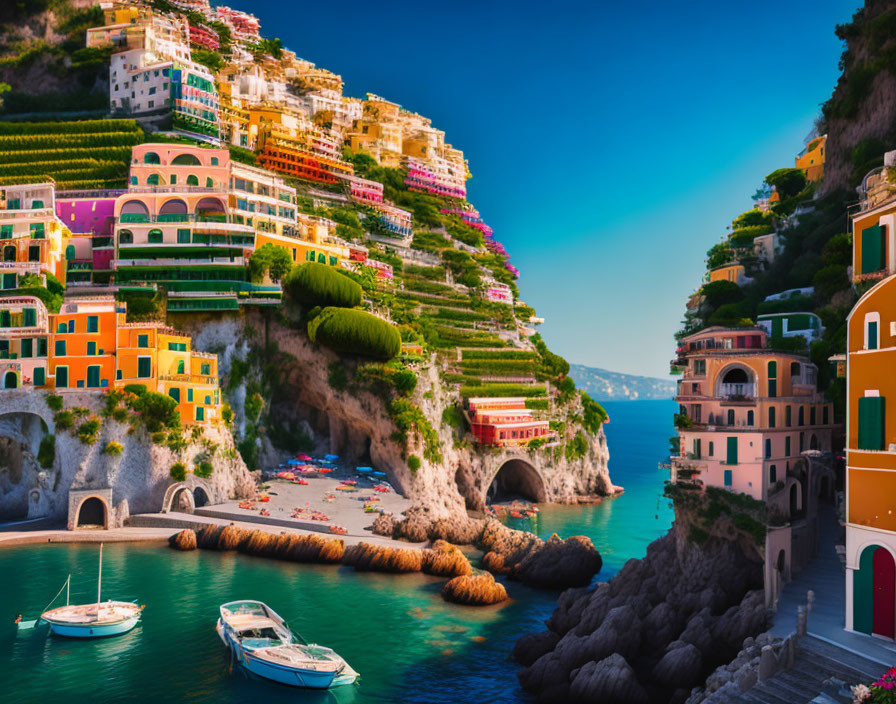 Vibrant coastal scene: colorful buildings, terraced vineyards, beach, boats