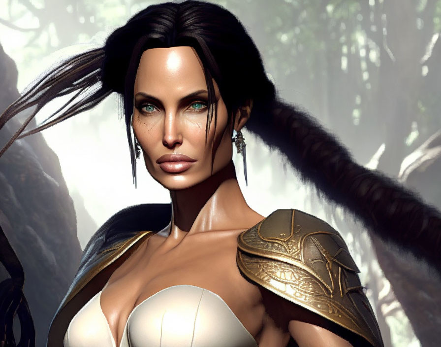 Female warrior with blue eyes, dark hair, and golden armor in forest setting