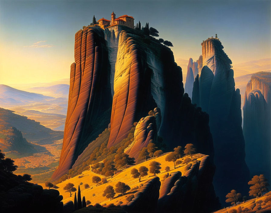 Majestic landscape with towering cliffs and monastery overlooking verdant valley