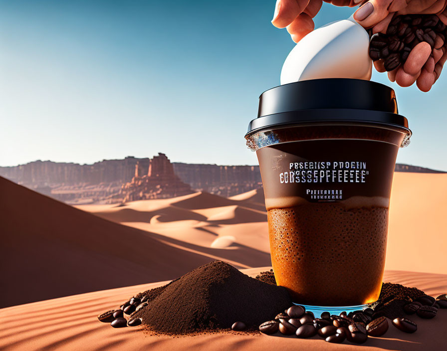 Hand pouring coffee beans into transparent cup on desert backdrop