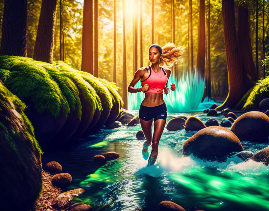 Woman jogging in sunlit forest beside stream