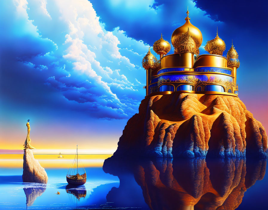 Golden-Domed Palace on Rocky Island at Sunset with Woman, Boats, and Dramatic Sky