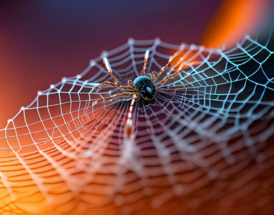 Spider on dew-covered web with warm orange and red bokeh background