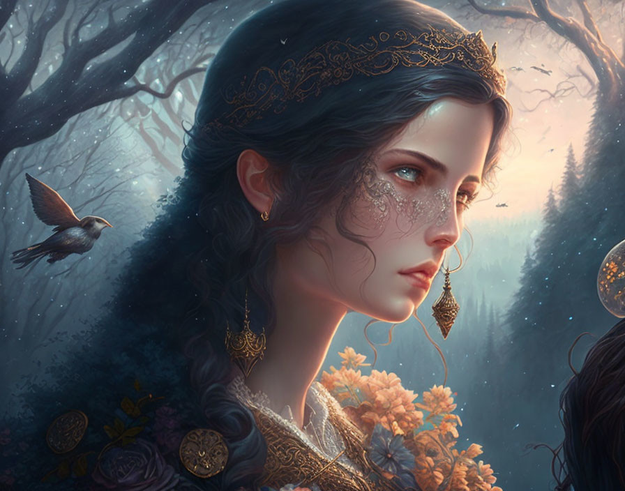 Ethereal woman with gold jewelry in mystical forest with bird