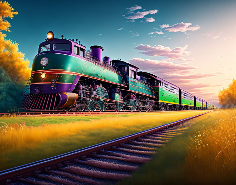 Colorful Train Illustration Traveling Through Sunset Landscape