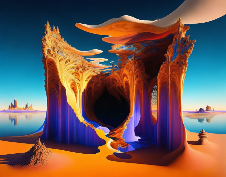 Vibrant orange sand, blue rock arches in surreal landscape