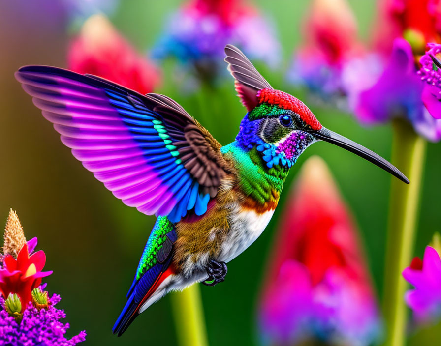 Colorful hovering hummingbird among vibrant flowers.