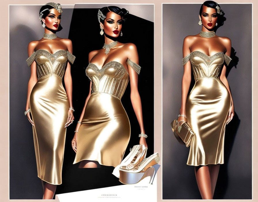 Fashion illustration: Woman in gold strapless dress with matching accessories and sleek hairstyle