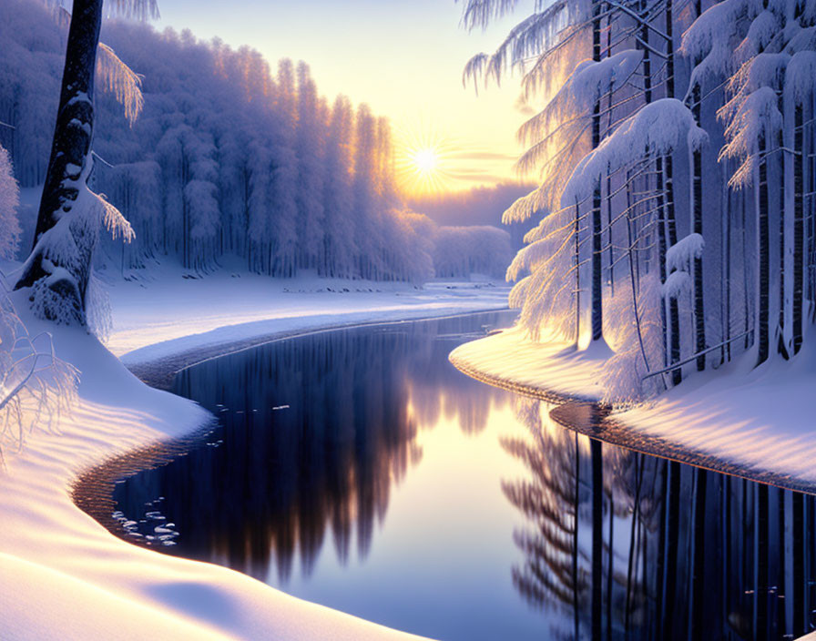 Snow-covered Trees and Calm River in Winter Scene