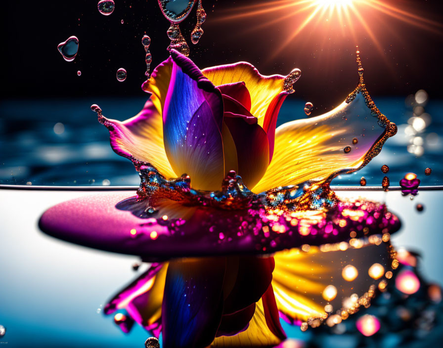 Colorful Flower with Suspended Droplets in Sunset Reflections