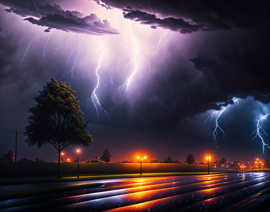 Nighttime storm scene with lightning strikes, wet roads, orange street lights, solitary tree