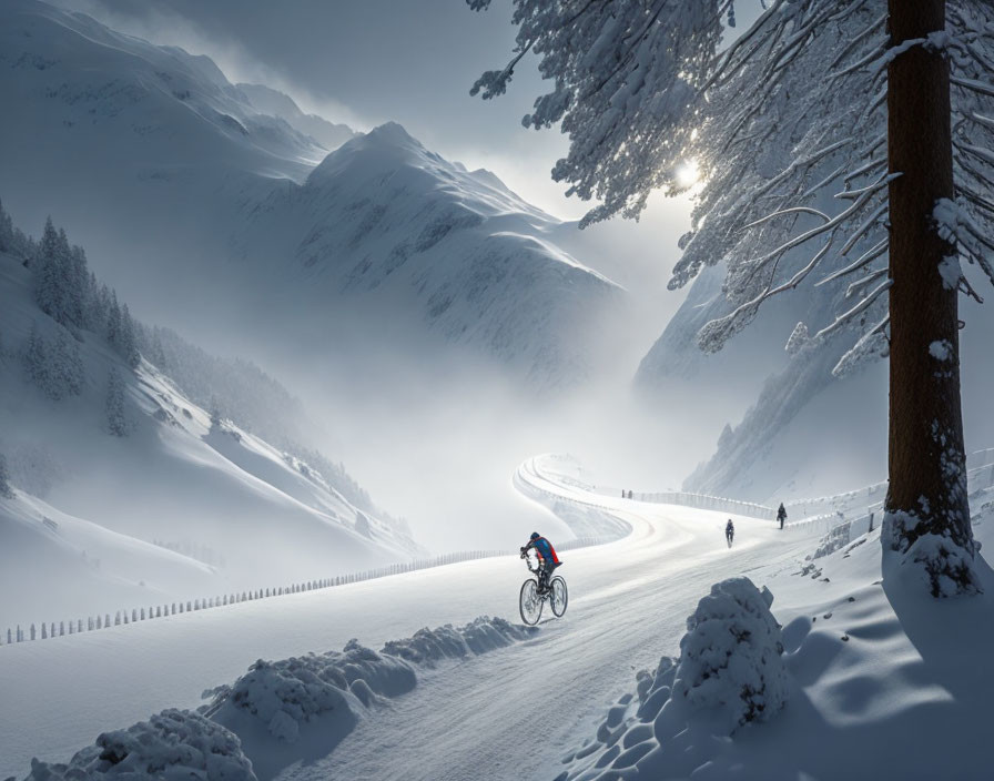 Snowy mountain road with cyclist and pedestrians in serene winter landscape