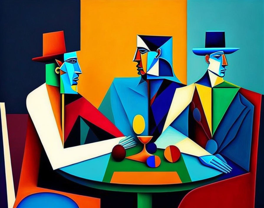 Colorful geometric figures at round table with abstract objects.