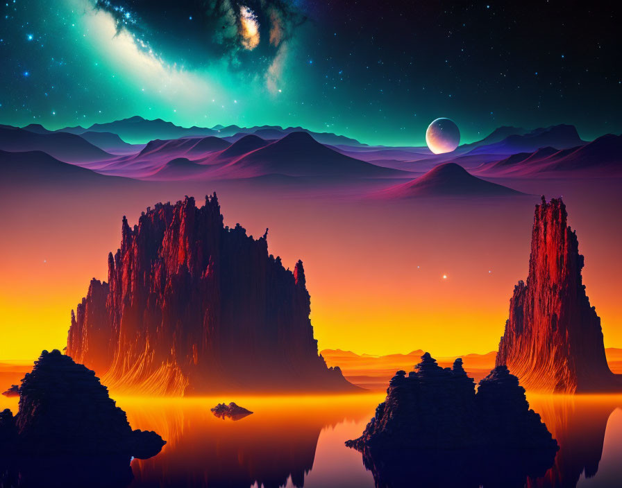 Alien landscape with rock formations, lake, moons, and nebula