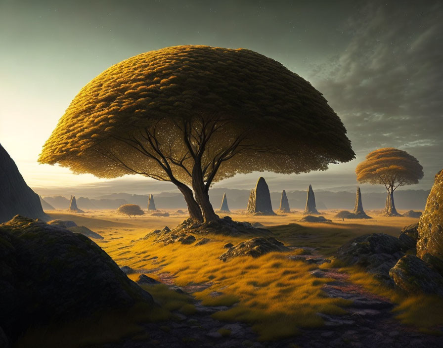 Dreamlike Dusk Landscape with Mushroom Trees and Golden Sunset Glow