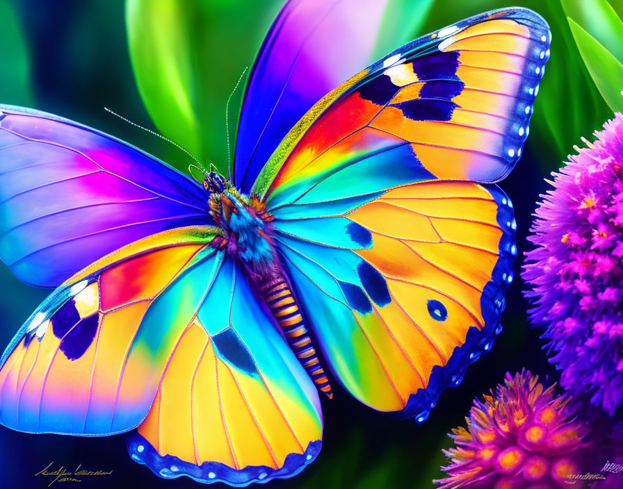 Colorful Butterfly with Blue and Orange Wings on Flower in Soft-focus Green Background