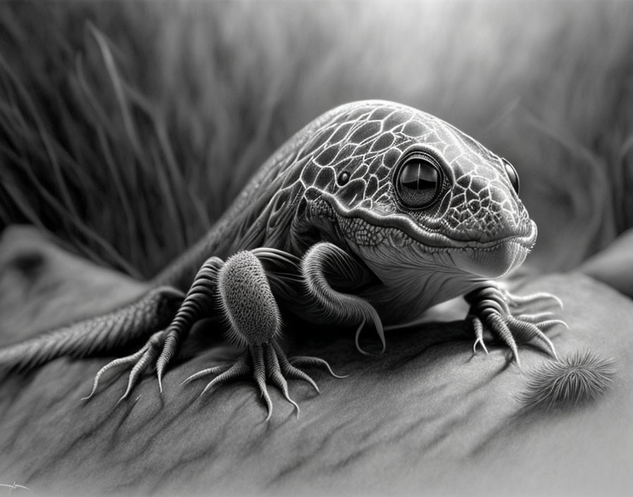 Detailed Black and White Drawing of Lizard on Rocky Terrain