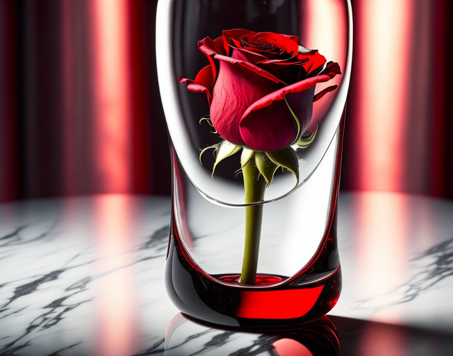 Vibrant red rose in glass vase on marble surface with red curtains.