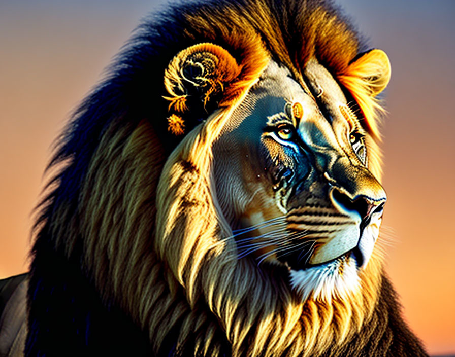 Colorful portrait of majestic lion with detailed mane on warm sunset background