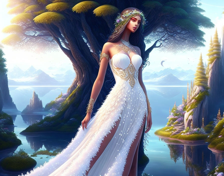 Ethereal woman in white dress in mystical landscape