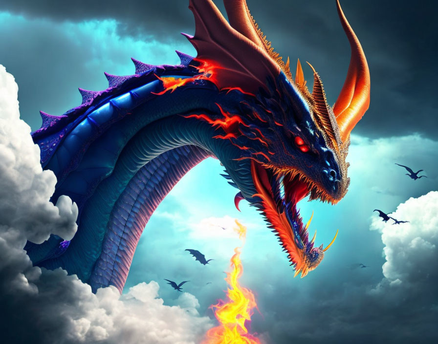 Majestic blue and orange dragon breathing fire in dramatic sky