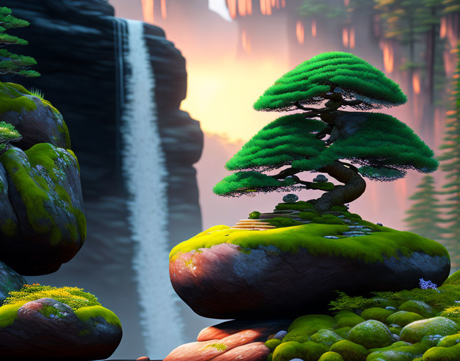 Tranquil Bonsai Trees on Mossy Rocks with Waterfall and Sunset Glow