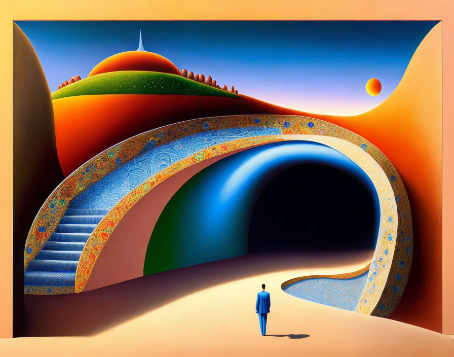 Vibrant surreal landscape with figure, hills, staircase, arch, and sun