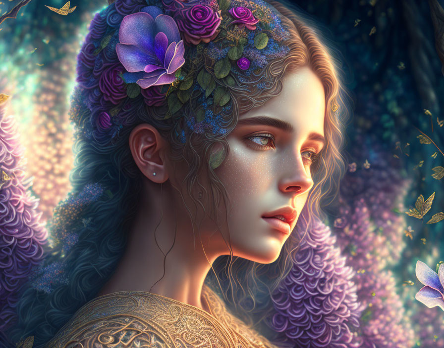 Serene woman with floral hair adornments in mystical butterfly-filled ambiance