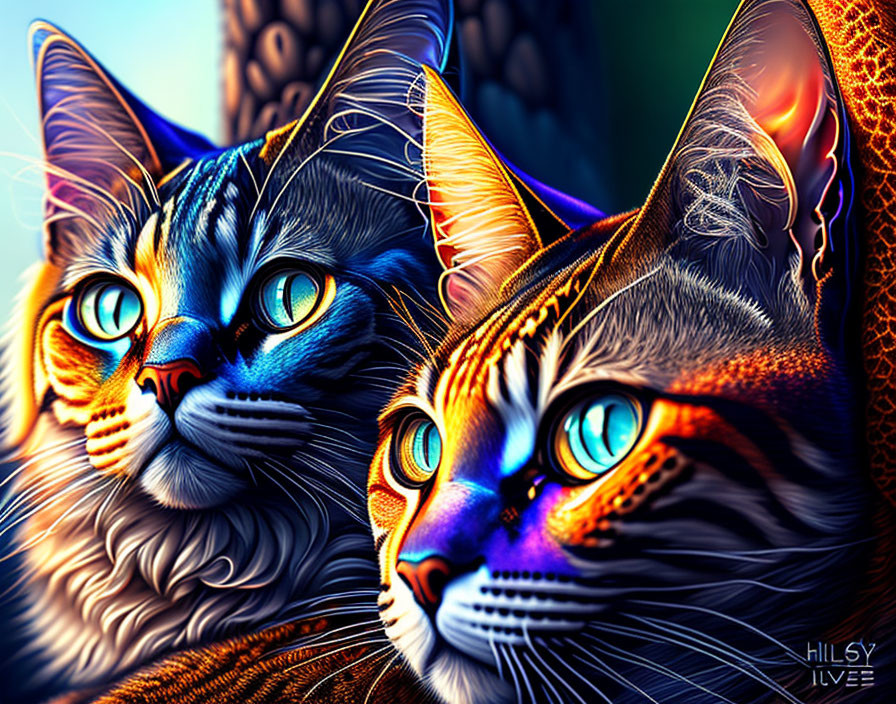 Colorful digital art featuring two cats with intricate patterns and mesmerizing blue eyes