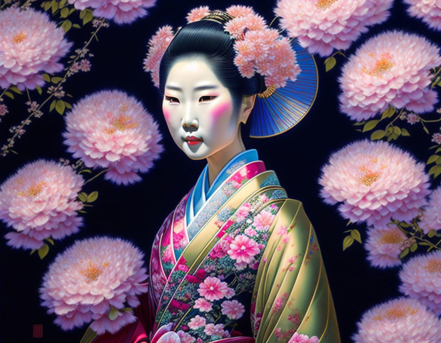 Geisha digital painting with blue headpiece and colorful kimono