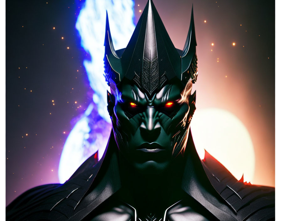 Menacing figure in black armor with glowing red eyes against cosmic galaxy.