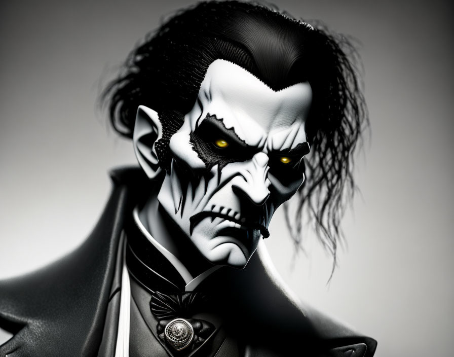 Menacing vampire illustration with pale skin, sharp fangs, yellow eyes, black & white hair,