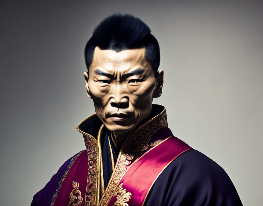 Traditional Asian man in ornate purple and gold robe on grey background