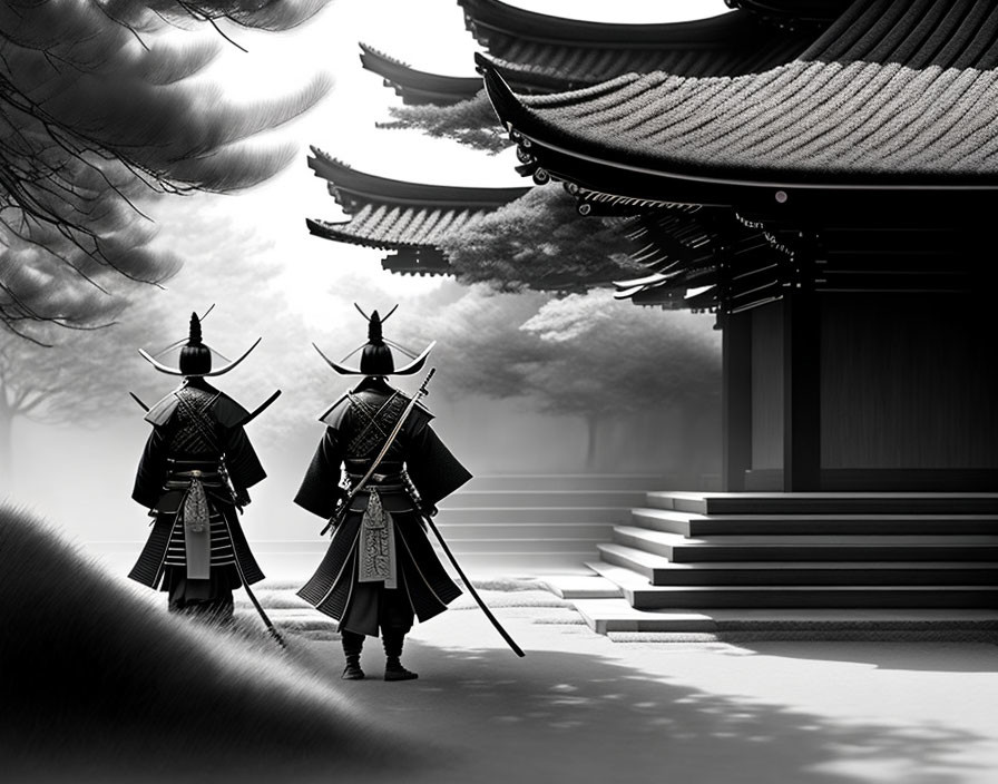 Traditional Japanese building with two samurai warriors in misty landscape