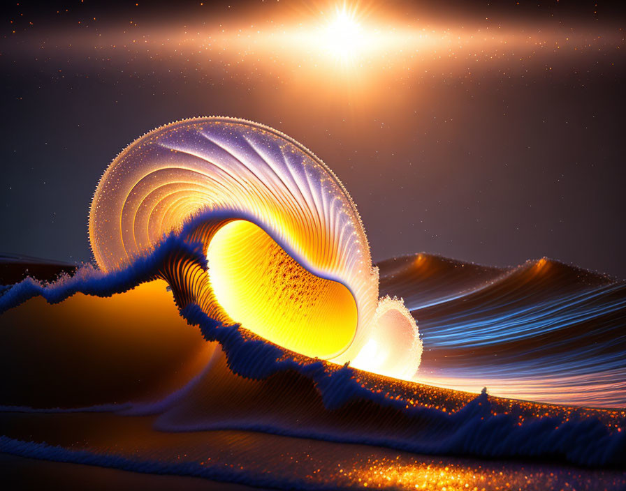 Abstract image: Swirling wave of light and orange hues on dark backdrop