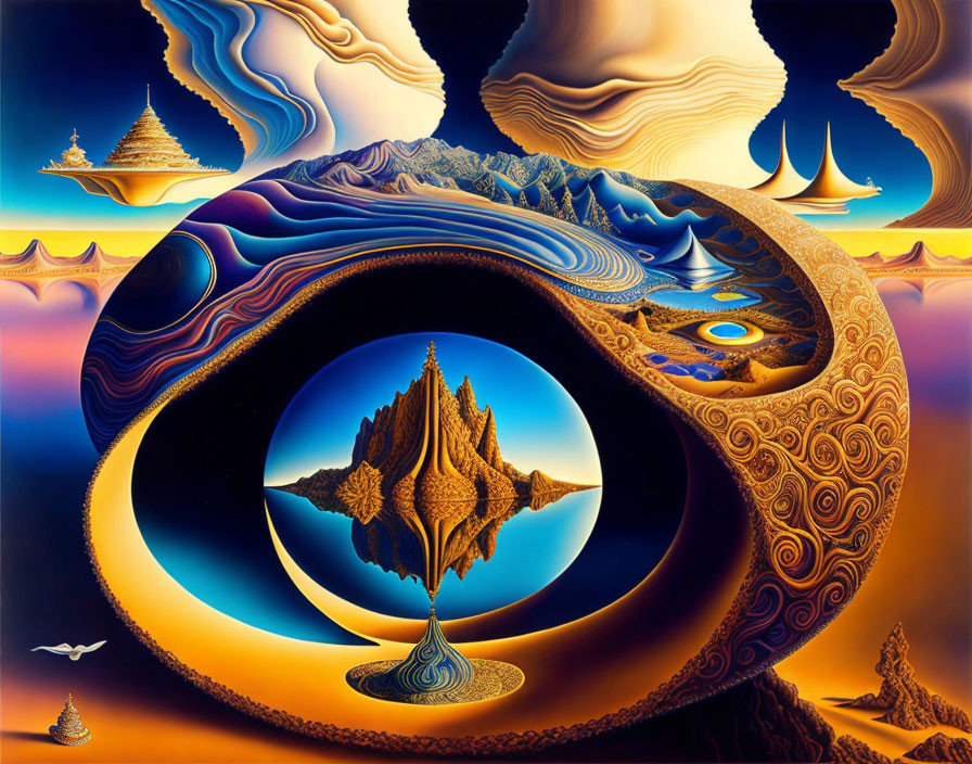 Colorful Surrealist Landscape with Island, Mountain, Birds, and Eye-like Sky Patterns