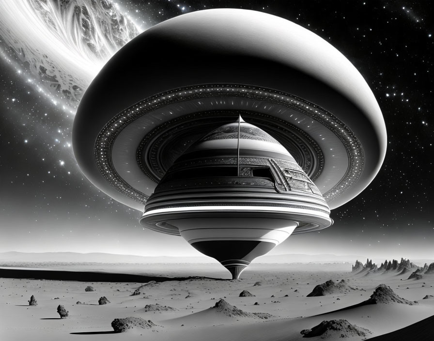 Detailed Black and White Surreal Spaceship Artwork on Barren Landscape