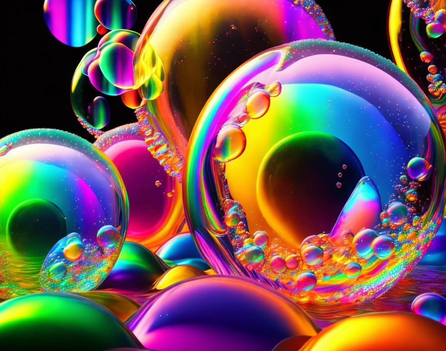 Colorful iridescent bubble digital artwork on black background