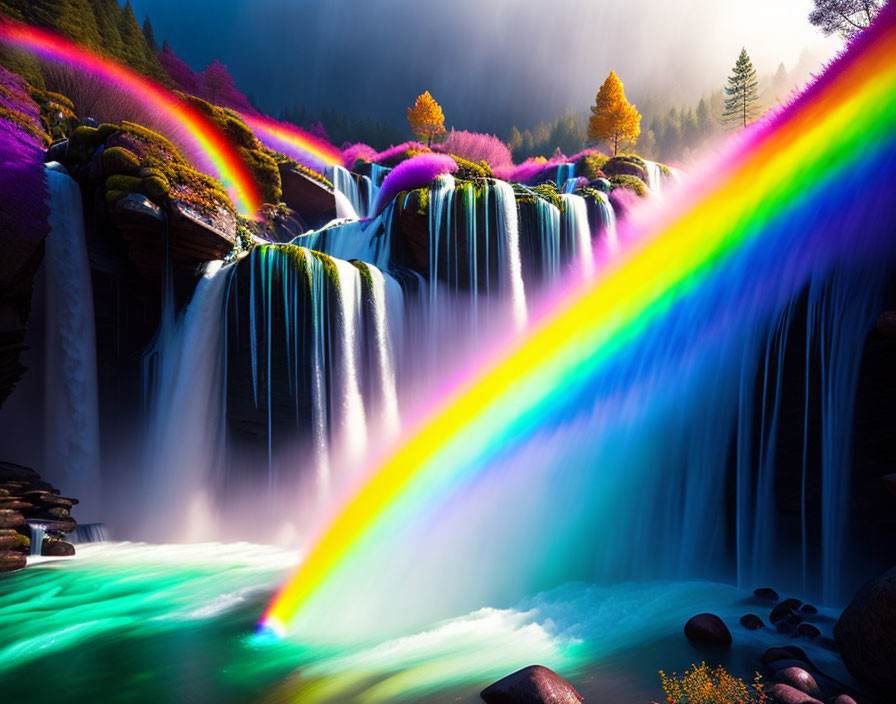 Vibrant rainbow over cascading waterfall in lush natural setting